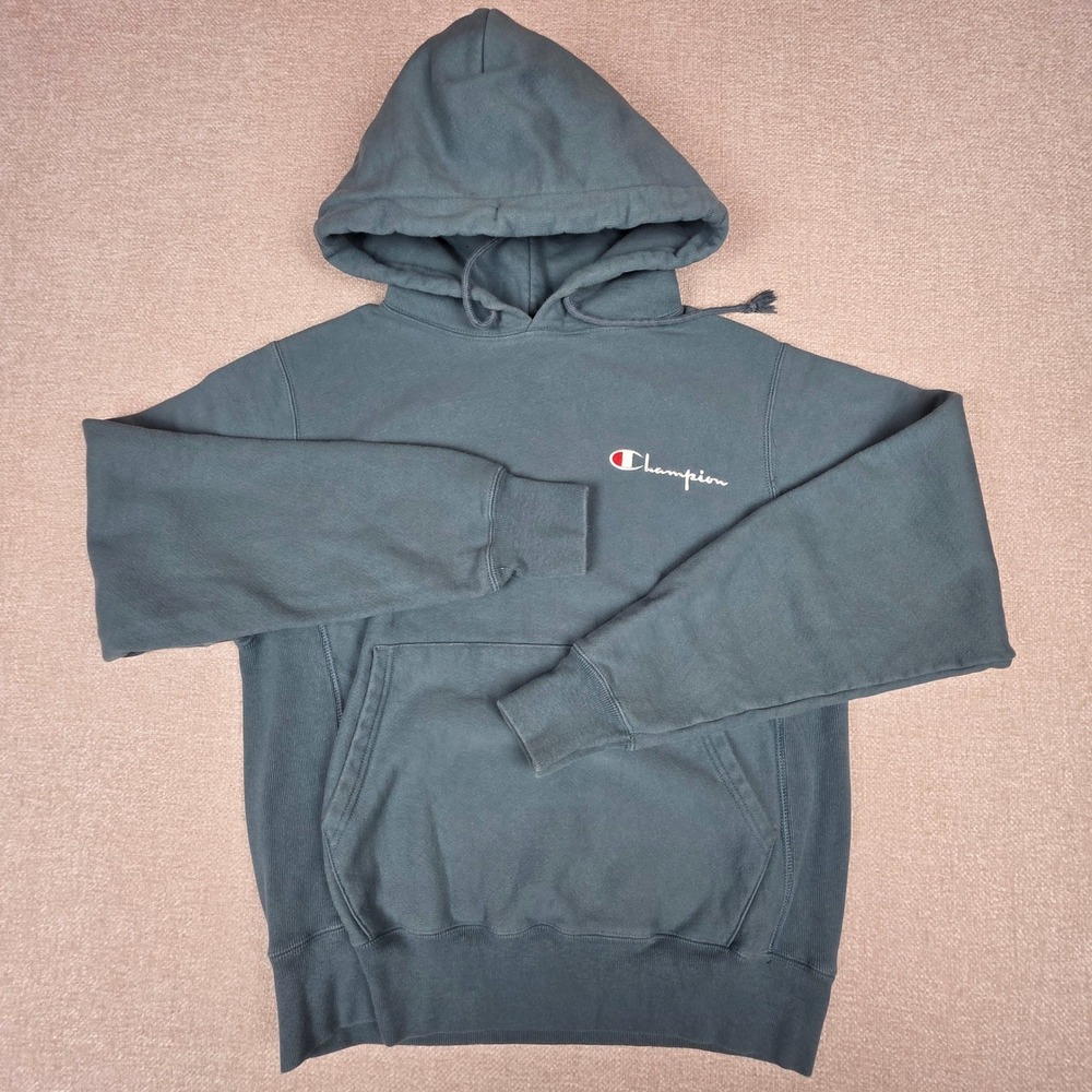 Champion Reverse Weave Hoodie Mens Small Teal Blue Script Logo Sweatshirt GF68